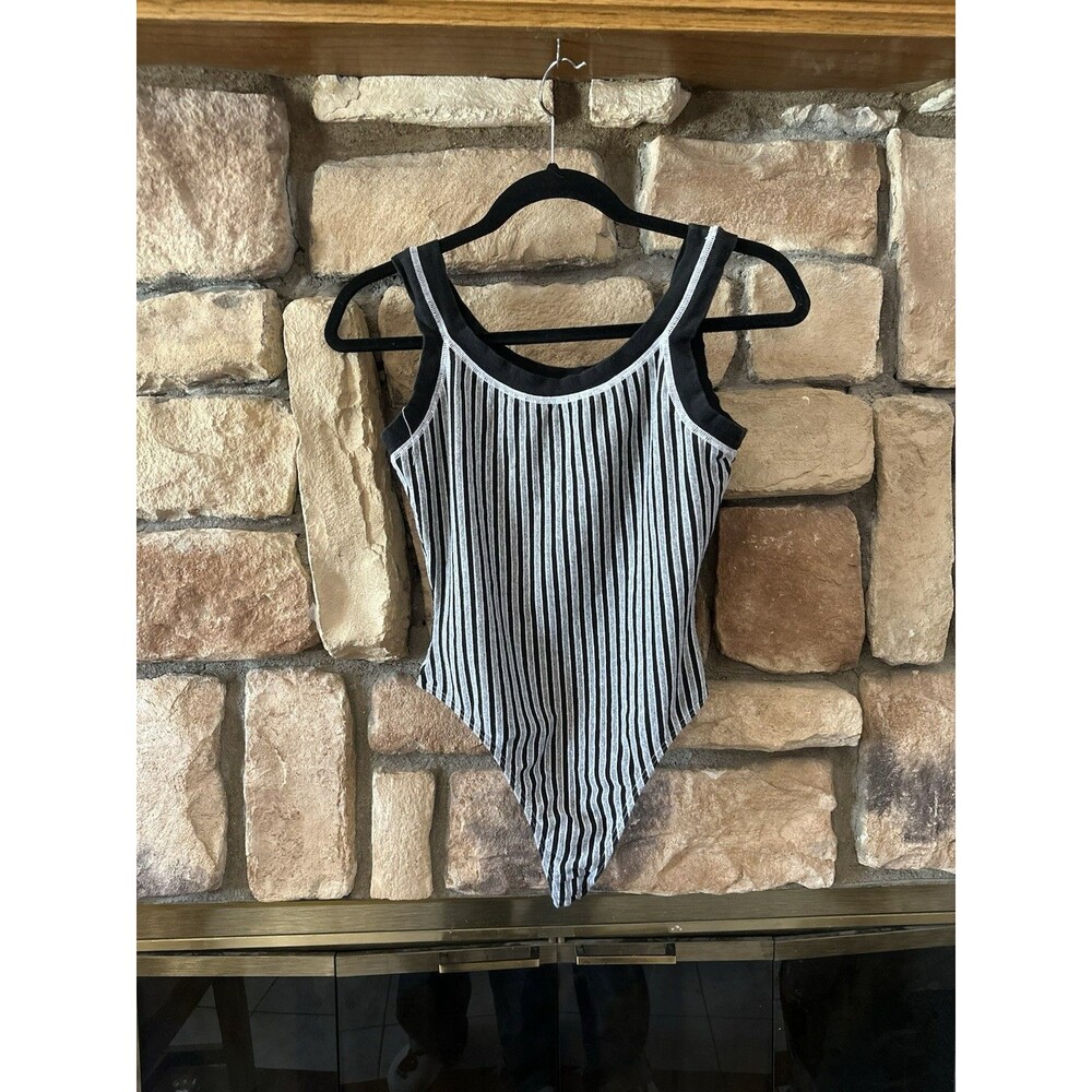 VTG 90s City Lights Bodysuit Thong Cotton Stretch Stripe Black White Women L USA